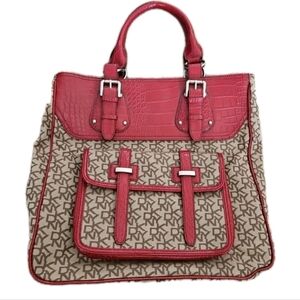 DKNY Jacquard Signature Logo Large Statement Tote With Red Faux Croc Detail